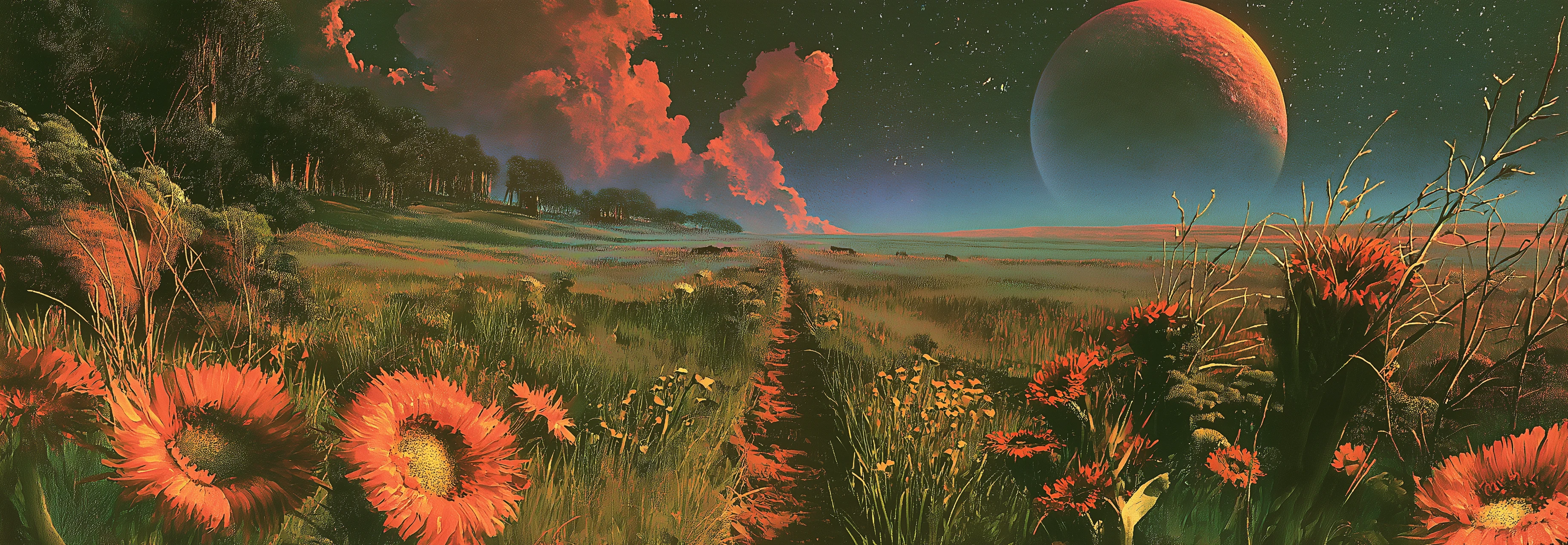 Orange flowers and an alien landscape beneath a glowing red planet.